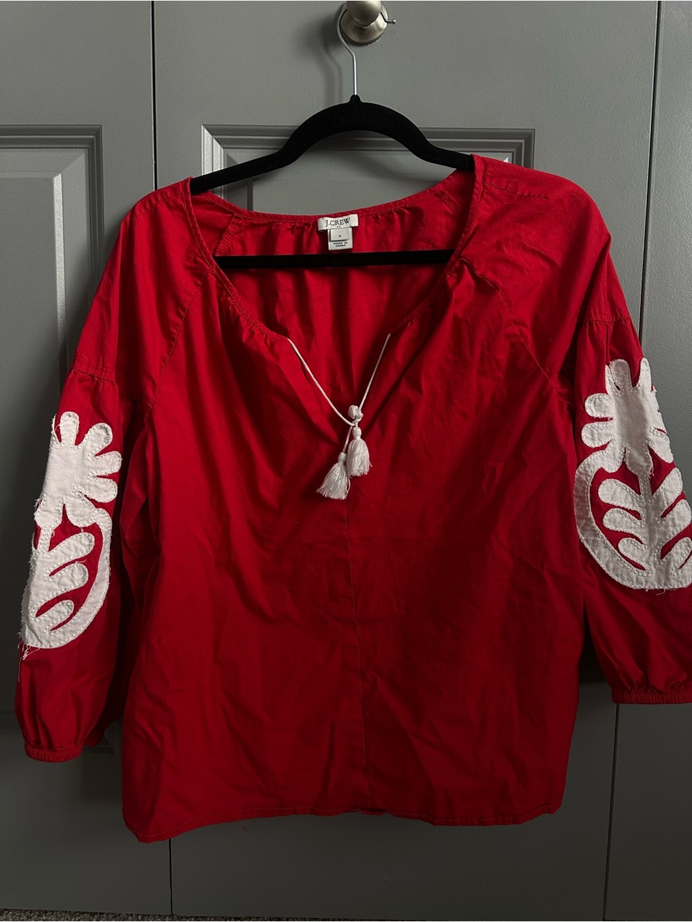 J. Crew Red Peasant Top with White Embroidered Sleeves